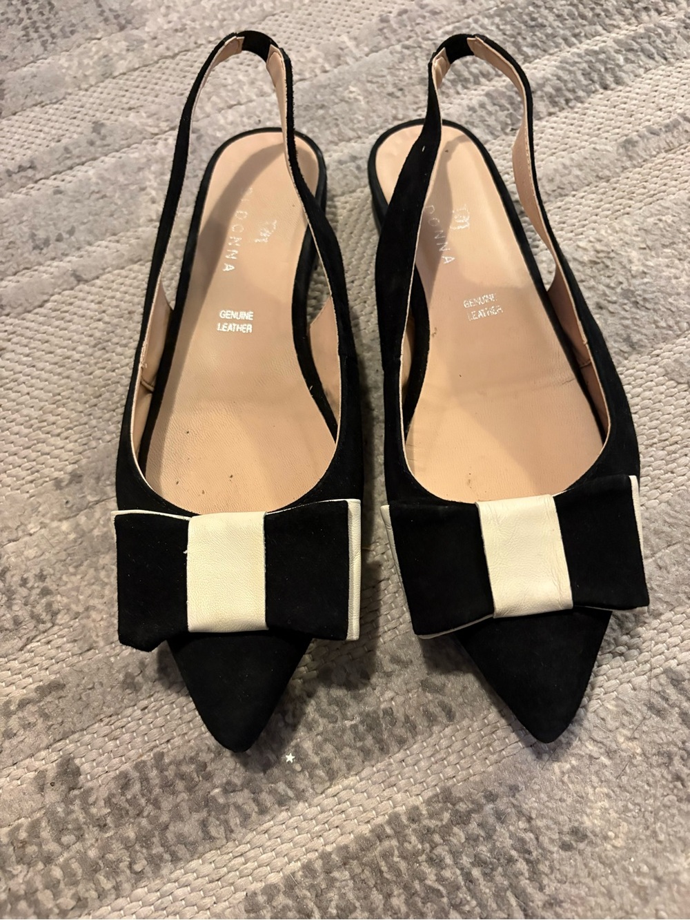 Black and Cream Bow Pointed-Toe Slingback Flats